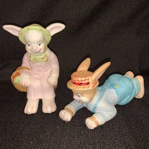 Lot Of 2 Vintage Ceramic Bunnies Boy & Girl Easter Decorations